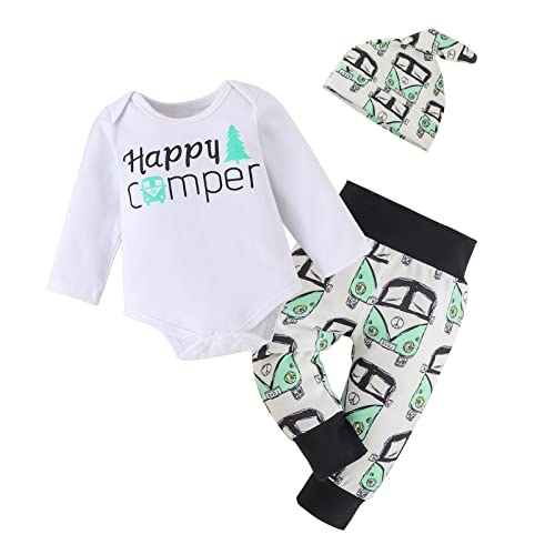Image of Newborn Baby Boy Girl Clothes Set Happy Camper Long Sleeve White Bodysuit Pant Hat 3pcs Unisex Infant Fall Outfit 3-6 Months