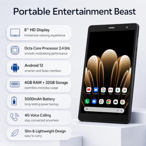 Image of IKALL N16 Pro Smart Tablet - 8 Inch HD Display, Octa Core Processor, 4GB RAM + 32GB ROM, Android 12, 4G Voice Calling, Long-Lasting 5000mAh Battery (Grey)