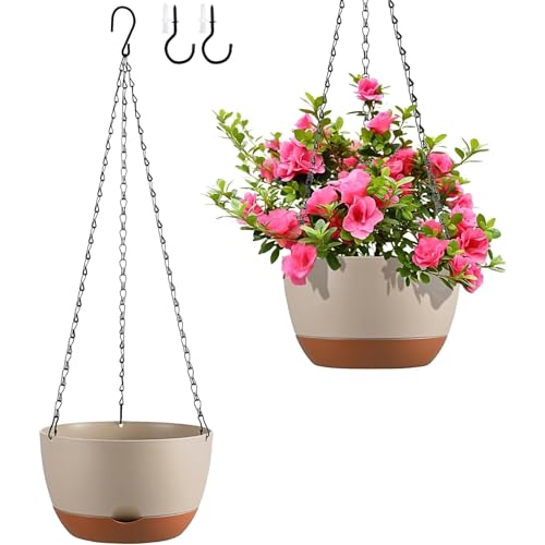 Kvetto Set of 2 Hanging Planters for Indoor Outdoor Plants, 10 Inch Self-Watering Hanging Flower Pots with Drainage Hole & Removable Water-Storage Tray (Hooks)