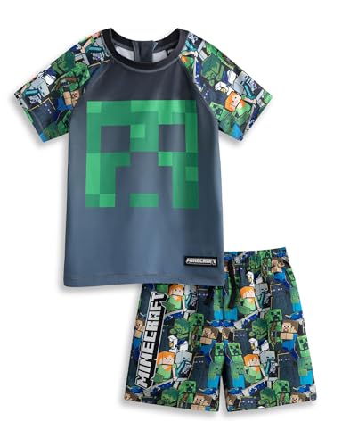 Image of Minecraft Creeper Steve Boys Green 2 Piece Swim Set | Short Sleeve Graphic Tee & Shorts with Pixelated Character Print | Elasticated Waistband Beachwear Merch - 5-6 Years