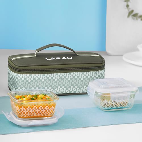 Gracia Borosilicate Glass Lunchbox with Bag | 2pc Square Container (320ml Each), Horizontal | Microwave & Dishwasher Safe, Leakproof | Tiffin for Office, School, College | Green