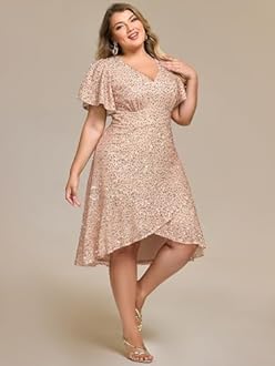 Ever-Pretty Plus Women's Formal Eveing Dress V Neck A-line High Low Sequin Plus Size Christmas Cocktail Party Dresses