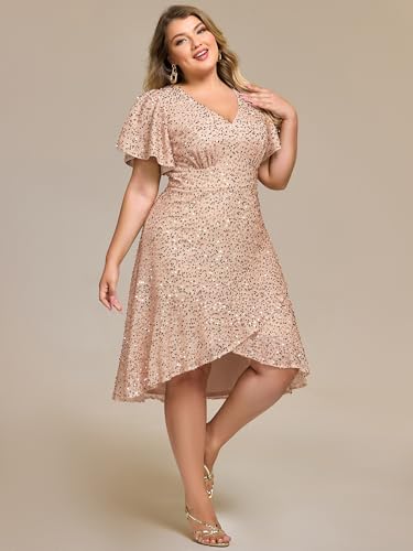Ever-Pretty Plus Women's Formal Eveing Dress V Neck A-line High Low Sequin Plus Size Christmas Cocktail Party Dresses
