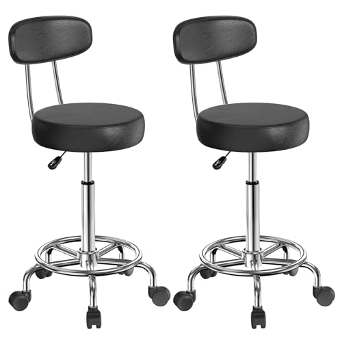 ARunThLana Lot de 2 Tabouret de Bureau avec Dossier,Tabouret à roulettes Rotation à 360°Hauteur Réglable 49-64cm,Tabouret de Travail chaises de Bar avec...