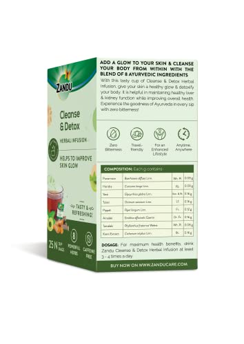 Image of Zandu Cleanse & Detox Herbal Infusion: Use This Tea Bag To Give Your Body The Gift Of Good Health |Helps Improve Skin Glow & Detoxifies The Body (25 Tea Bags), Green Tea, 90 Gram