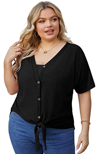 OLRIK Womens Plus Size Tops Short Sleeve V Neck Waffle Knit Tunic Blouse Tie Front Button Up T Shirts3