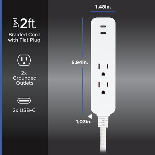 Image of GE Surge Protector Power Strip with USB Ports, Combo Pack, 2 Ft Braided Extension Cords, 245 Joules, 6 Outlet & 2 Outlet Extender, 2 USB-C, Flat Plugs, ETL Safety Certified, White, 86076