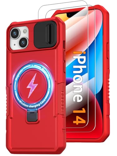 KTUOHU Magnetic Case for iPhone 14 with Ring Stand [2X Glass Screen Protector] [Compatible with MagSafe] Military Grade Case with Camera Cover, Heavy Duty Shockproof Cover for iPhone 14 6.1 inch, Red
