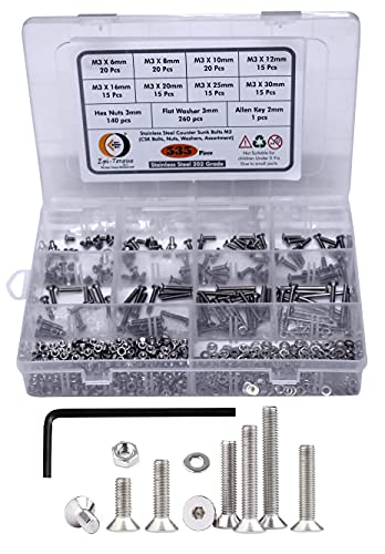 Image of Epi-Torque Stainless Steel 202 Grade Counter Sunk Flat Head Allen Key Bolt M3 Assortment with Matching Nuts, Washer & Allen Key Pack of 535 Pcs