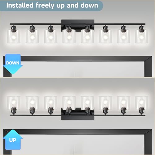 Image of Modern 8 Light Bathroom Light Fixtures, 52 inch Vanity Lights for Bathroom with Clear Glass, Black Bathroom Light Fixture for Mirror Kitchen Living Room Hallway Cabinet Porch