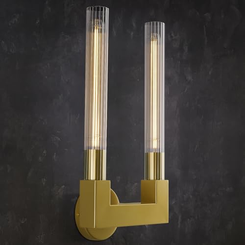 Modern Brass Wall Sconce,19 Inch Gold Double Bathroom Wall Sconces with Clear Glass Tube,Indoor 2-Light Vanity Mirror Wall Lights,for Bathroom,Living Room,Bedroom,Hallway,Entryway,Fireplace,Staircase
