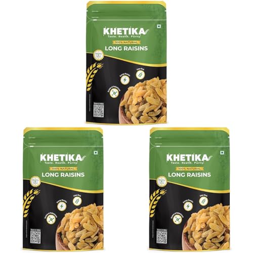 Image of Khetika Premium Long Raisins 200g | Dry Fruits, Dried Kishmish, Dry Grapes, Kismis, High in Potassium, Seedless Raisins, No Added Colour (Pack of 3)