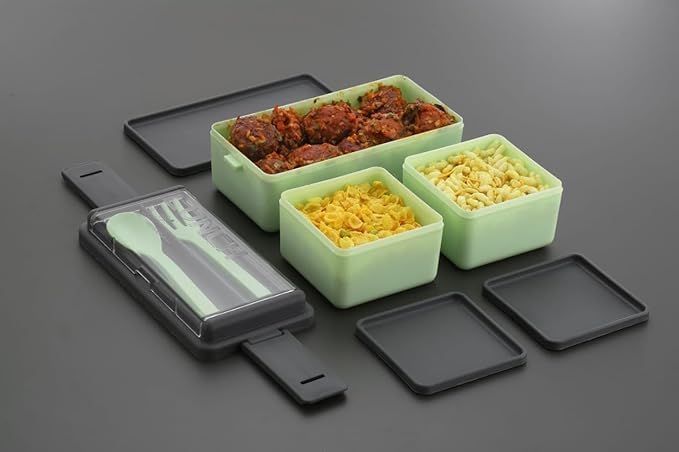 Image of 3 Compartment Lunch Box for Kids & Adults, Double-Decker Lunch Box for Office-School use,Leak Proof & Removable School,Garden,Travel Lunch Boxes (1400ml)(Color May Vary)