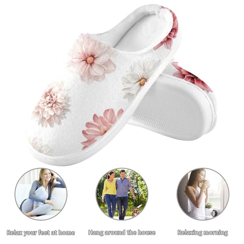 JUNZAN Vintage Dahlia White Women Home Cotton Slippers Winter Memory Foam Guest Slippers for Spa Birthday Presents 6-73