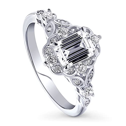 BERRICLE Sterling Silver Halo Art Deco Wedding Engagement Promise Rings for Her, Step Emerald Cut Cubic Zirconia CZ Ring