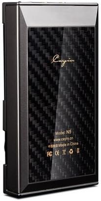 Rear view of the Cayin N5 music player, showing the carbon fiber pattern and product information.