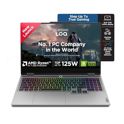 Image of Lenovo LOQ 2025, AMD Ryzen 7-250, RTX 5050-8GB, 24GB RAM, 1TB SSD, 440 AI Tops, FHD, 15.6 inch /39.6cm, 144Hz, Windows 11, Office 2024, Grey, 2.4Kg, 3 Mon. Game Pass, 83JG008NIN, AI Gaming Laptop