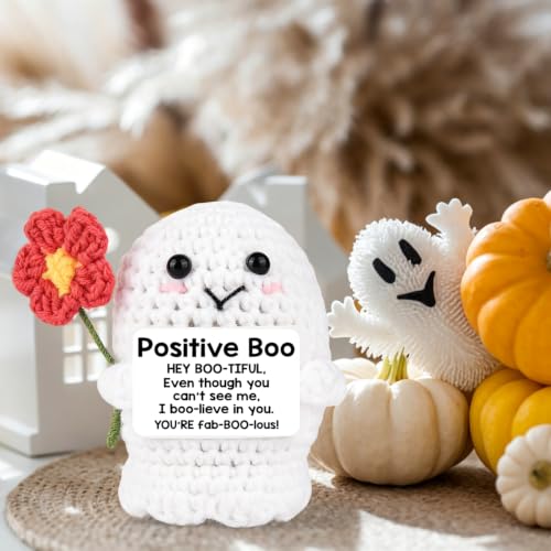 linzipe Positive Boo Crochet Halloween Ghost Gifts for Women Men Her Him | Positive Boo Handmade Crochet Ghost Decor Small Halloween Boo Appreciation Decor Handmade Knitted - image 5
