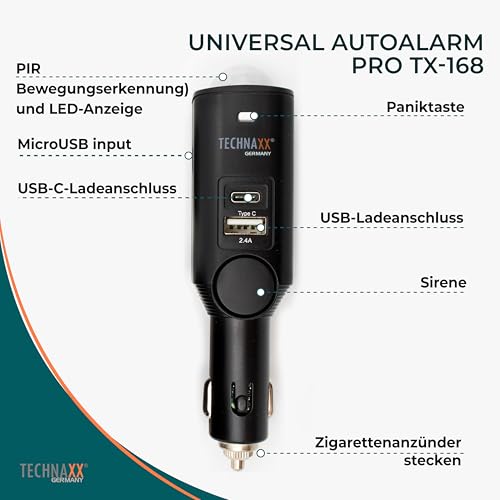 Technaxx Autoalarm mit PIR-Sensor & 105 dB Sirene TX-168 – Alarmanlage für Auto, Wohnmobil, Boot & Haus – 7 Tage Akku, USB, Paniktaste, Fernbedienung & Einfache Installation