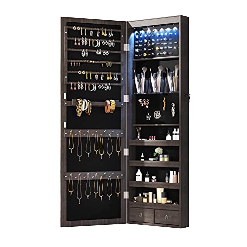 8 LED Lights Lockable Full mirror jewelry organizer wall mounted door mounted Jewelry Box For Women jewelry cabinet jewelry armoire with mirror full length mirror hanging mirror 6180 (wood)