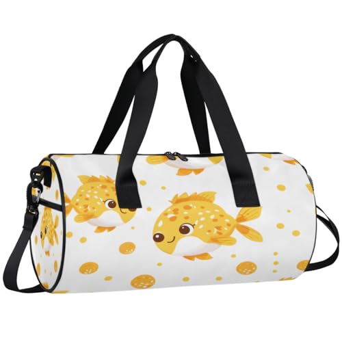 Cute Blowfish Round Barrel Sports Fitness Bag, Yellow White Travel Luggage Bag, Reusable Handbag, Suitable For Men and Women