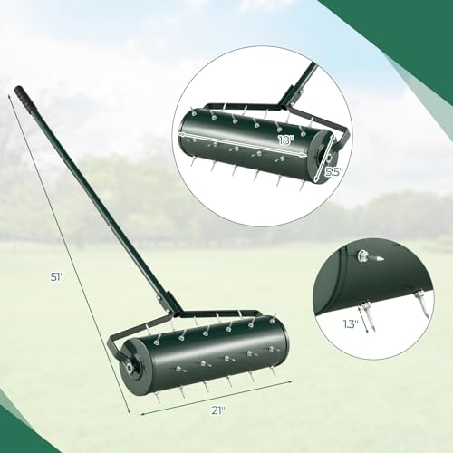 21" Manual Lawn Aerator Roller - Heavy Duty, 33 Spikes, Fillable With Sand, 51" Handle, For Garden Yard
