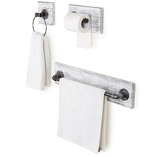 MyGift 2-Piece Wall-Mounted Whitewashed Wood & Metal Pipe Bathroom Accessory Set with Toilet Paper Holder and Towel Bar