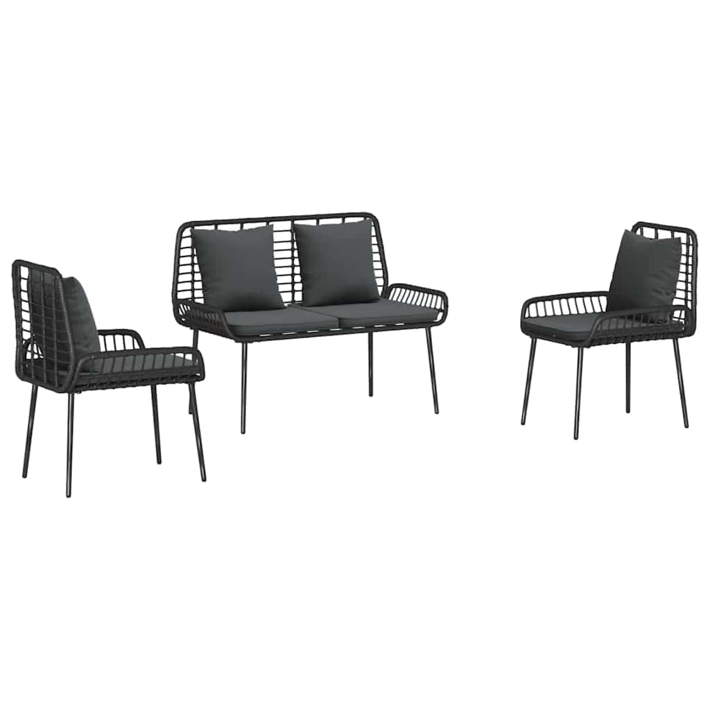 Salon de jardin 3 pièces en polyrotin noir avec cadre en acier et coussins anthracite