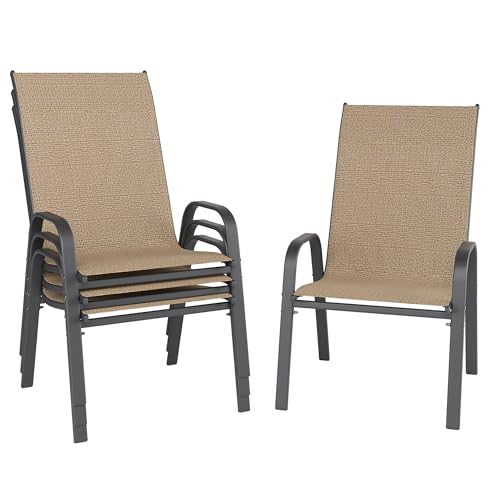 Image of Patio Chairs Set of 4, Outdoor Dining Chairs Stackable for All Weather, Breathable Metal Modern Outside Furniture Chair for Pool Side, Garden, Backyard Deck, Brown