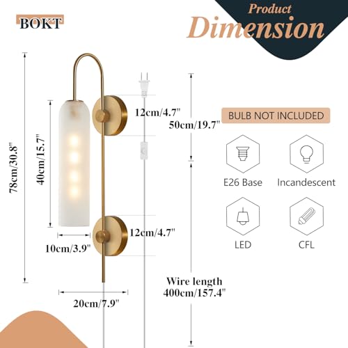 Image of BOKT Mid Century Modern Plug in Wall Sconces Indoor Long Brushed Gold Milk White Glass Sconces Wall Lighting Single Wall Sconce Bathroom Vanity Light Brass Wall Mounted Light Fixture (White)