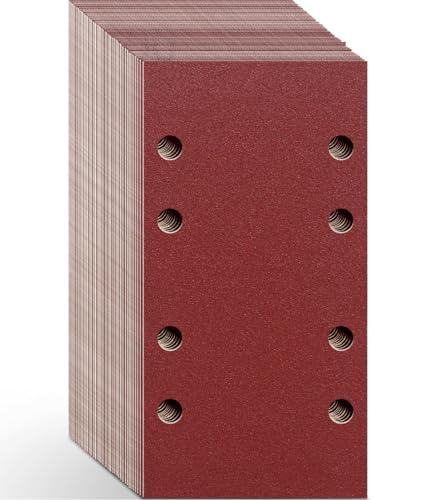 Aucenix Sanding Sheets for Electric Sander: 48Pcs Hook and Loop Sandpaper - Rectangular Sander Pads with 8 Holes Assorted (40/60/80/120/180/240/400/600) for Wood (93 x 185 mm-Mix Grits)