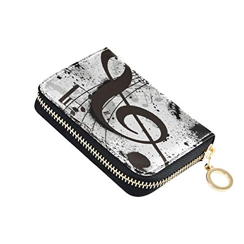 susiyo Black Background With Music Notes Credit Card Wallet, RFID Blocking Compact Women Leather Card Holder Zipper Purse
