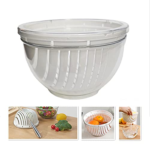 Easy Fruit Vegetable Salad Cutter Bowl, Fantes Multi-Function Kitchen Colander Strainer Double Layered Rotatable (Big - Transparent + White)