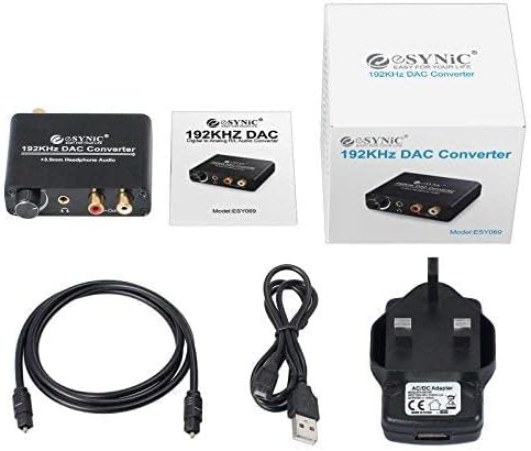 192KHZ DAC Converter,eSynic Digital to Analog Audio Converter with Volume Control Optical Coaxial Toslink to RCA L/R Audio Converter with Optical Cable and Power Adapter for PS3 Xbox Blu-ray TV etc