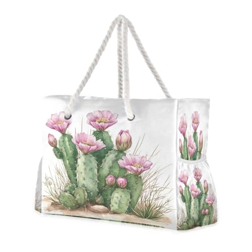 Watercolor Cactus Plant Beach Bag & Travel Tote Bag Large Sandproof with Zipper Closure, Wet Pouch for Swim Gym Travel, Lightweight Foldable Outdoor Bag