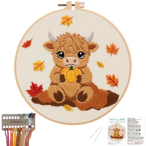 Image of Louise Maelys Highland Cow Embroidery Kit for Beginners(Autumn | Cross Stitch Kit for Adults,Stamped Pattern, Complete Easy Needlepoint Kit, Easy Craft Thankgiving Gift And Room Decor