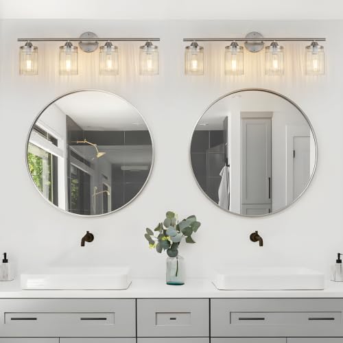 Image of Jonsi Nickel Bathroom Light Fixtures 4-Light Vanity Lights Modern Wall Sconce with Clear Glass Shade Brushed Nickel Bathroom Light Fixture Over Mirror for Bedroom Hallway Kitchen