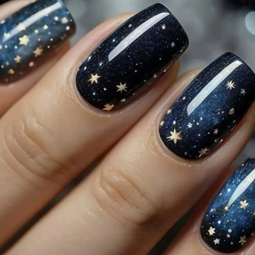 24PCS Midnight Blue Galaxy Press On Nails - Short Square French Tip False Nails for Women, ABS Material with Jelly Adhesive Tabs, Starry Sky Art for Daily Wear, Office & Date Looks