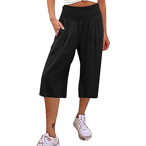 Tiaford Womens Summer Loose Cotton Linen Wide Leg Palazzo Pants High Waisted Smocked Comfy Capri Pants For Women With Pockets #TOP7