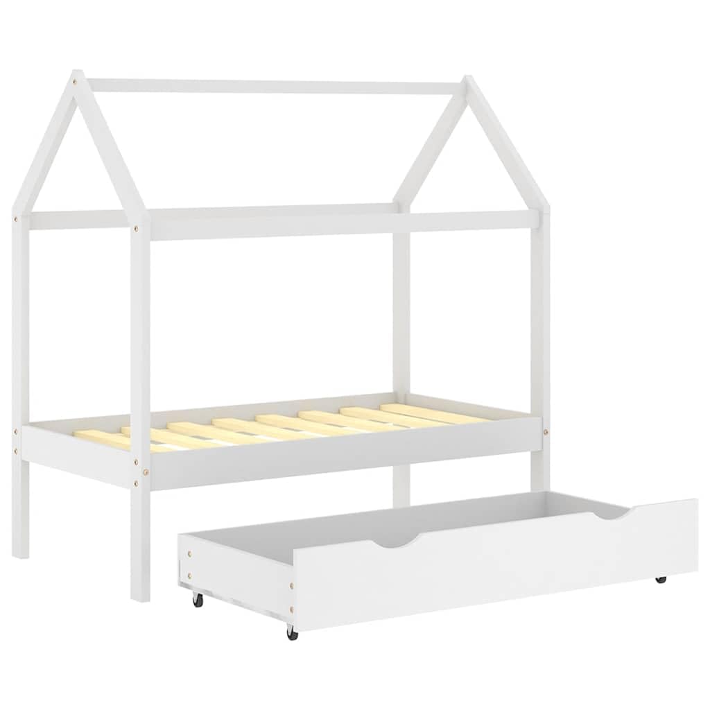 Kinderbett aus massivem Kiefernholz weiß mit Schublade, 70 x 140 cm Bettgestell mit Lattenrost und Stauraum für Kinderzimmer, Laufbett und Juniorbett
