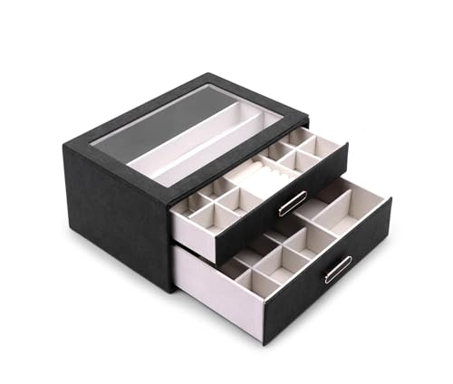 Image of BucketList Premium PU Leather Jewellery Organizer Box with Glass Lid | 2 Pull-Out Drawers Multi-Compartment Storage for Rings, Earrings, Necklaces & Bracelets (2-Layer Jewelry Box (Black))