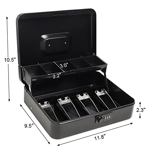 Parrency Cash Box with Combination Lock,Durable Metal Cash Box with Money Tray,Lock Box Safe Storage Security Locker with Security Cable,Black