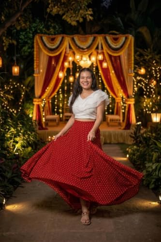 Image of Women's Lycra Top with Georgette Skirt | Polka Dot Print Long Flared Maxi | Full Length Flowy Skirt for Women | Stylish Casual Wear