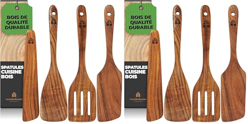 Spatule cuisine bois antiadhésive : lot 8 ustensiles teck résistants chaleur