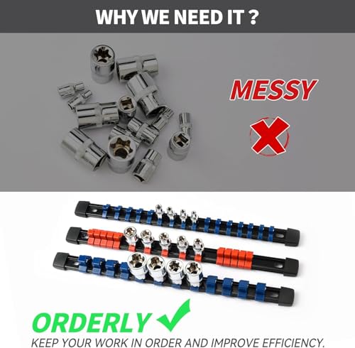 Image of Reniteco 3-Piece Socket Organizer - 1 /4-Inch x 16 Clips, 3 /8-Inch x 15 Clips, 1 /2-Inch x 12 Clips, Heavy Duty ABS Socket Holder, Premium Quality Socket Clip Rail Holder for Tool Box Drawer