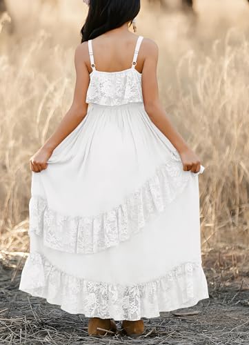 Mitilly Girls Boho Lace Flower Dresses Square Neck Sleeveless Ruffle Tiered Flowy Party Maxi Dress With Pockets 12 Years White thumb #3