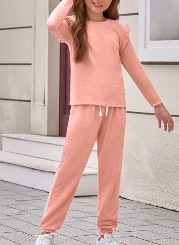 blibean Tween Girls Fall Clothes Sets Big Kids Casual Ruffle Outfits Two Piece Sweatshirt and Pants Preppy Sweatsuit Size 10-11 Pink — view 6