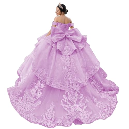 Mouccy Cute Lilac Lace Quinceanera Dresses Puffy Pageant Gown