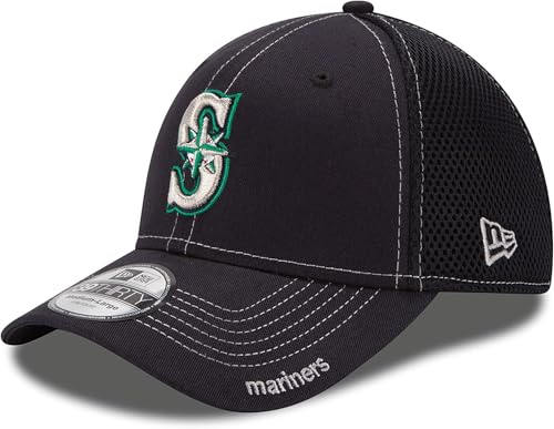 New Era MLB 39Thirty Neo Team Color Primary Logo Strech Fit Flex Baseball Cap Hat - Seattle Mariners Navy - Medium-Large