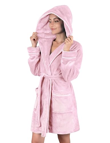 Gräfenstayn Peignoir Femme moelleux avec Capuche - Polaire moelleuse - Oeko-Tex Standard 100 - Peignor de bain Court - Taille (M, Rose)